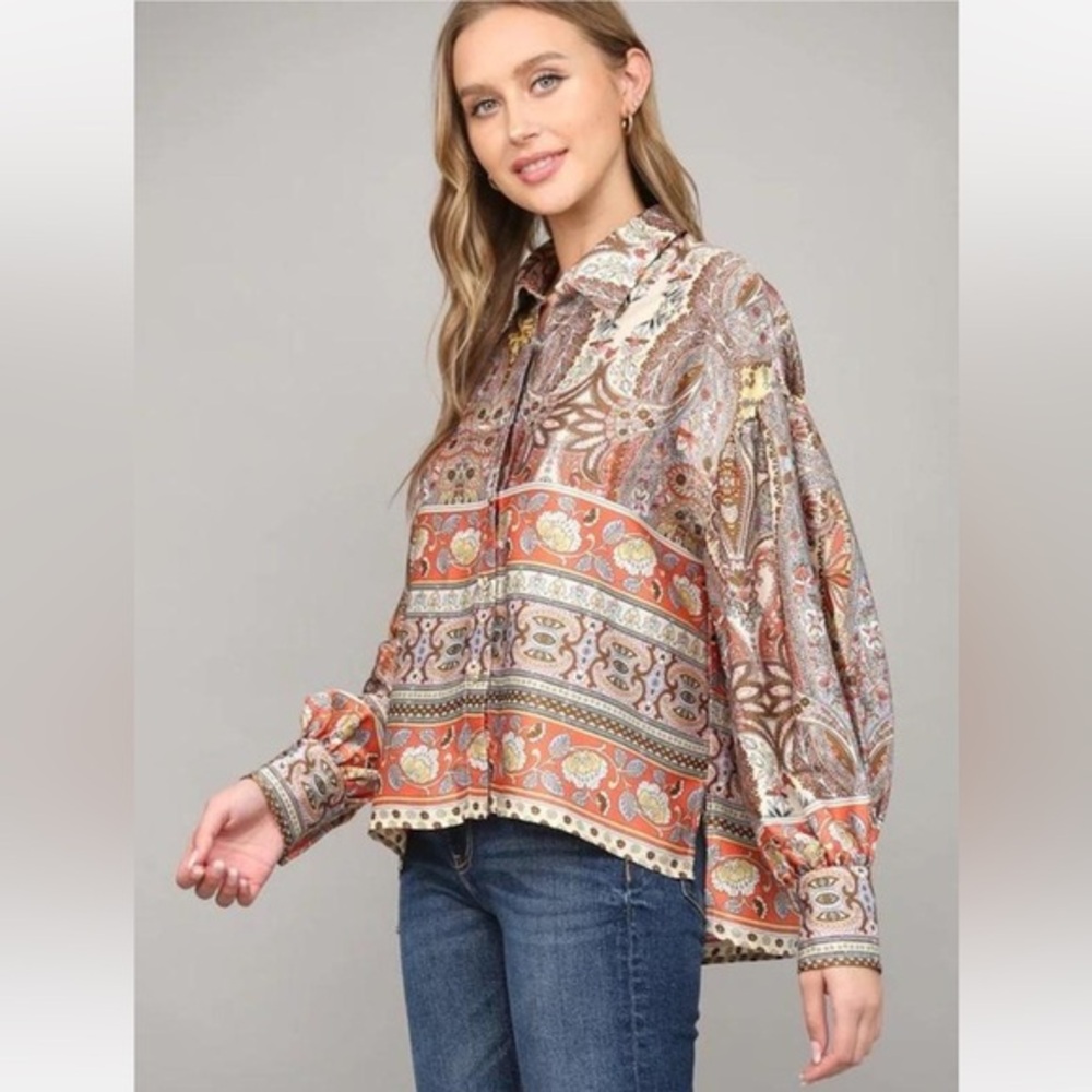 Fate Border Print Button Down Blouse Small Balloon Sleeve Artisan Classy Chic